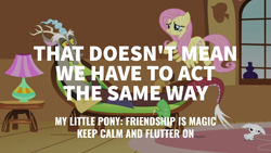 Size: 1920x1080 | Tagged: safe, edit, edited screencap, editor:quoterific, screencap, angel bunny, discord, fluttershy, draconequus, pegasus, pony, rabbit, g4, keep calm and flutter on, angel bunny is not amused, angry, animal, couch, facial hair, female, floppy ears, fluttershy's cottage, flying, frown, goatee, grin, lamp, male, mare, sitting, smiling, snaggletooth, spread wings, table, trio, unamused, walking away, wings