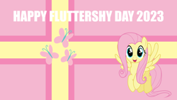 Size: 4400x2475 | Tagged: safe, editor:quoterific, fluttershy, pegasus, pony, g4, 2023, cutie mark, female, flag, fluttershy day, mare, solo, wallpaper