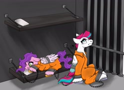Size: 3529x2561 | Tagged: safe, artist:doodlebugge, pipp petals, zipp storm, pegasus, pony, g5, bed, bound wings, clothes, commissioner:rainbowdash69, cuffs, duo, female, frustrated, high res, jail, jail cell, jumpsuit, never doubt rainbowdash69's involvement, pillow, prison, prison outfit, prisoner pipp, prisoner zipp, royal sisters (g5), sad, shackles, siblings, sisters, wing cuffs, wings