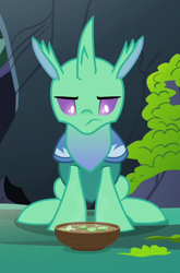 Size: 474x720 | Tagged: safe, screencap, soupling, changedling, changeling, g4, to change a changeling, changeling food, cropped, food, looking down, male, narrowed eyes, solo, soup, unamused