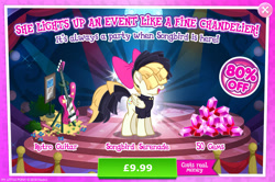 Size: 1961x1302 | Tagged: safe, gameloft, songbird serenade, pegasus, pony, g4, my little pony: magic princess, my little pony: the movie, official, advertisement, bow, bush, chandelier (song), clothes, costs real money, crack is cheaper, english, female, folded wings, gem, guitar, hair bow, introduction card, mare, mobile game, musical instrument, numbers, rhyme, sale, shirt, solo, song reference, text, voice actor joke, wings