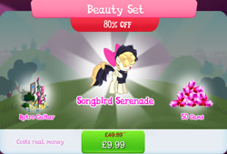Size: 1268x857 | Tagged: safe, gameloft, songbird serenade, pegasus, pony, g4, my little pony: magic princess, my little pony: the movie, official, bow, bundle, bush, clothes, costs real money, electric guitar, english, female, folded wings, gem, guitar, hair bow, mare, mobile game, musical instrument, numbers, sale, shirt, solo, text, wings