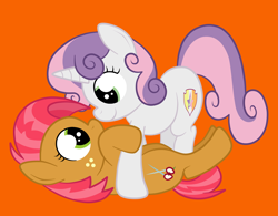 Size: 2870x2233 | Tagged: safe, artist:squipycheetah, babs seed, sweetie belle, earth pony, pony, unicorn, g4, alternate cutie mark, female, filly, foal, happy, high res, lesbian, orange background, ship:babsbelle, shipping, simple background, smiling