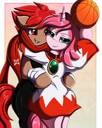 Size: 1446x1814 | Tagged: safe, artist:pridark, oc, oc only, oc:blitz drive, oc:diamond stellar, earth pony, unicorn, semi-anthro, arm hooves, basketball, clothes, commission, duo, female, final fantasy, hoodie, jewelry, lipstick, male, oc x oc, scarf, shipping, simple background, sports, straight, white mage