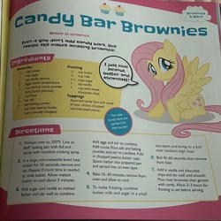 Size: 1024x1024 | Tagged: safe, fluttershy, pegasus, pony, g4, my little pony baking book, brownie, candy, cupcake, food, ingredients, irl, photo, recipe, sitting, talking to viewer