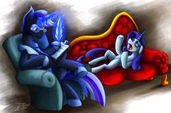 Size: 1250x827 | Tagged: safe, artist:jamescorck, rarity, alicorn, pony, unicorn, g4, chair, clipboard, crossed legs, crying, duo, fainting couch, glasses, glowing, glowing horn, horn, makeup, marshmelodrama, not luna, quill, rarity being rarity, running makeup, simple background, sitting, the worst possible thing, therapist, transparent background, unshorn fetlocks