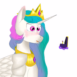 Size: 3000x3000 | Tagged: safe, artist:sh4deshad0w41, princess celestia, alicorn, pony, g4, blushing, crying, ear blush, high res, implied king sombra, implied shipping, jewelry, looking at someone, magic, regalia, ring, shocked, shocked expression, shocked eyes, simple background, solo, sparkly eyes, telekinesis, white background, wingding eyes