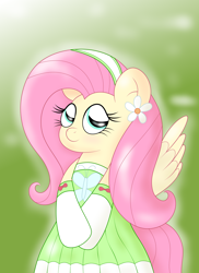 Size: 2550x3509 | Tagged: safe, artist:sparkfler85, derpibooru exclusive, fluttershy, pegasus, pony, g4, beautiful, clothes, cute, dress, female, flower, flower in hair, gloves, headband, high res, mare, shyabetes, simple background, solo