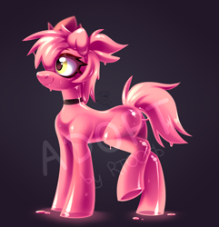 Size: 2700x2800 | Tagged: safe, artist:rtootb, oc, oc only, earth pony, goo, goo pony, original species, pony, adoptable, advertisement, character design, collar, cute, fangs, female, for sale, happy, high res, link in description, looking at something, looking away, mare, monochrome, one eye closed, original character do not steal, pink mane, ponytail, raised hoof, reference sheet, simple background, slime, slimy, smiling, solo, yellow eyes