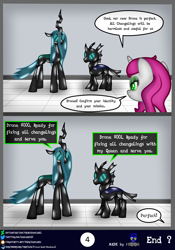 Size: 2560x3654 | Tagged: safe, artist:damlanil, queen chrysalis, oc, oc:peony, changeling, goo, latex pony, original species, pony, unicorn, comic:new conversion strategy, g4, bdsm, bondage, close-up, clothes, comic, commission, damlanil's lab, encasement, female, high res, horn, laboratory, latex, living latex, male, mare, mask, mind control, restrained, rubber, rubber drone, rubber suit, shiny, shiny mane, show accurate, speech bubble, standing, text, transformation, vector, wings