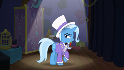 Size: 3840x2160 | Tagged: safe, alternate version, artist:gypsykumquat, trixie, pony, unicorn, g4, .svg available, clothes, female, flower, flower in mouth, high res, inkscape, magic show, magician, magician outfit, mouth hold, raised hoof, rose, rose in mouth, seductive, show accurate, solo, stage, vector