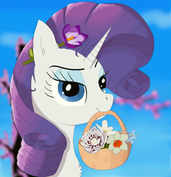 Size: 6678x6888 | Tagged: safe, artist:raritymylove, derpibooru exclusive, rarity, pony, unicorn, g4, basket, chest fluff, ear fluff, eyebrows, eyeshadow, female, flower, flower in hair, looking at you, makeup, mare, mouth hold, raised eyebrow, solo, spring, tree