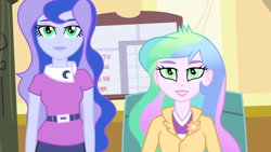 Size: 3072x1727 | Tagged: safe, screencap, princess celestia, princess luna, principal celestia, vice principal luna, human, equestria girls, g4, my little pony equestria girls: rainbow rocks, canterlot high, duo, duo female, female, green eyes, grin, hypnosis, hypnotized, smiling