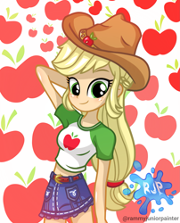Size: 2015x2490 | Tagged: safe, artist:rjp.rammy, applejack, human, equestria girls, g4, my little pony equestria girls: better together, alternate hairstyle, applejack's hat, belly button, belt, belt buckle, blushing, breasts, clothes, cowboy hat, cute, cutie mark on clothes, denim, denim skirt, female, freckles, hat, high res, jackabetes, looking at you, midriff, reasonably sized breasts, shirt, signature, skirt, smiling, smiling at you, solo, t-shirt