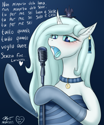 Size: 1993x2388 | Tagged: safe, artist:xyi, oc, oc only, oc:grazia, changeling, collar, crown, ear piercing, earring, ice changeling, italian, jewelry, microphone, piercing, regalia, singing