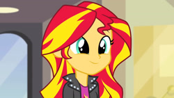 Size: 3072x1727 | Tagged: safe, screencap, sunset shimmer, human, equestria girls, g4, my little pony equestria girls: rainbow rocks, canterlot high, clothes, cute, cutie mark on clothes, eyebrows, female, high res, jacket, leather, leather jacket, shimmerbetes, smiling, solo, weapons-grade cute
