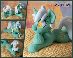 Size: 2364x1866 | Tagged: safe, artist:valmiiki, lyra heartstrings, pony, unicorn, g4, colored pupils, irl, lying down, photo, plushie, prone, solo