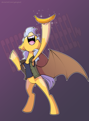Size: 1703x2307 | Tagged: safe, artist:yarugreat, oc, bat pony, pony, banana, bipedal, clothes, eeee, food, herbivore, solo, spread wings, wings, yelling