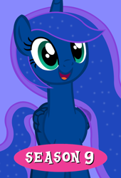 Size: 680x1000 | Tagged: safe, artist:laszlvfx, princess luna, alicorn, pony, g4, season 9, female, folded wings, front view, horn, mare, open mouth, open smile, plex (channel), poster, simple background, smiling, solo, standing, tail, wings