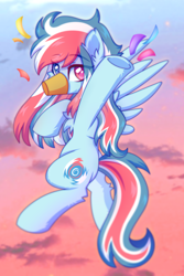 Size: 2000x3000 | Tagged: safe, artist:stesha, oc, oc only, oc:fluffy whirlpool, pegasus, pony, behaving like a duck, chest fluff, cute, ear fluff, eyebrows, eyebrows visible through hair, female, flying, full body, heterochromia, high res, looking at you, mare, multicolored mane, multicolored tail, pegasus oc, sky background, solo, spread wings, tail, wings