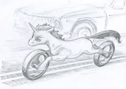 Size: 1364x963 | Tagged: safe, artist:adeptus-monitus, oc, oc only, original species, pony, unicorn, wheelpone, car, looking ahead, monochrome, motorcycle, ponycycle, road, simple background, sketch, solo, tail, traditional art, wheel, white background, windswept mane, windswept tail