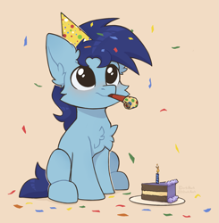 Size: 1681x1717 | Tagged: safe, artist:dorkmark, oc, oc only, earth pony, pony, cake, candle, chibi, confetti, food, hat, party hat, party horn, solo