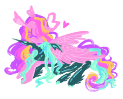 Size: 1280x1022 | Tagged: safe, artist:peaceandlove26, princess cadance, queen chrysalis, alicorn, changeling, changeling queen, pony, g4, colored eyelashes, cuddling, curved horn, duo, eyes closed, female, heart, horn, hug, infidelity, lesbian, lying down, prone, ship:cadalis, shipping, simple background, white background, winghug, wings