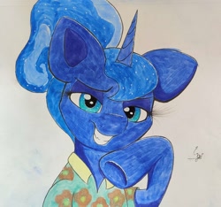 Size: 1686x1580 | Tagged: safe, artist:engi, princess luna, alicorn, pony, g4, clothes, ethereal mane, female, hawaiian shirt, shirt, simple background, smiling, solo, starry mane, traditional art, watercolor painting