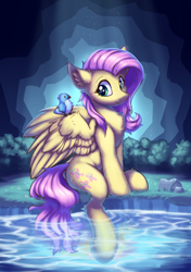 Size: 1440x2048 | Tagged: safe, artist:ravistdash, fluttershy, bird, pegasus, pony, g4, chest fluff, cute, dipping hooves, ear fluff, female, grass, looking at someone, looking sideways, mare, partially submerged, shyabetes, sitting, sitting on wing, smiling, solo, spread wings, wallpaper, water, wings