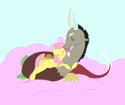 Size: 2032x1704 | Tagged: safe, artist:vilesmell, discord, fluttershy, draconequus, pegasus, pony, g4, cloud, cotton candy, female, grooming, licking, male, ship:discoshy, shipping, straight, tongue out