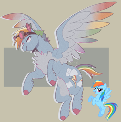 Size: 1613x1620 | Tagged: safe, artist:0xeyee, rainbow dash, pegasus, pony, g4, abstract background, chest fluff, colored hooves, colored pinnae, colored wings, feathered fetlocks, female, flying, goggles, mare, multicolored wings, pale belly, rainbow wings, redesign, short mane, short tail, simple background, solo, spread wings, tail, wings