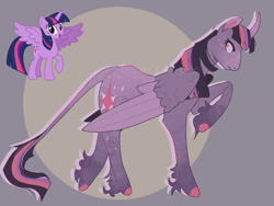 Size: 2048x1536 | Tagged: safe, artist:0xeyee, twilight sparkle, alicorn, pony, g4, abstract background, butt freckles, colored hooves, colored pinnae, colored wings, curved horn, female, fetlock tuft, freckles, horn, leonine tail, looking back, mare, no pupils, raised hoof, redesign, simple background, solo, tail, twilight sparkle (alicorn), two toned wings, wings