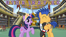 Size: 2064x1163 | Tagged: safe, artist:alandssparkle, artist:chainchomp2 edits, artist:not-yet-a-brony, flash sentry, twilight sparkle, alicorn, pegasus, pony, g4, 2023, april, bookshelf, canterlot, canterlot high, clothes, computer, crown, cutie mark on clothes, duo, equestria girls outfit, female, friends, friendship, jewelry, library, male, mare, national library week, one eye closed, regalia, ship:flashlight, shipping, shirt, smiling, stallion, straight, tiara, twilight sparkle (alicorn), wink