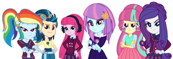 Size: 1974x680 | Tagged: safe, artist:sarahalen, indigo zap, pinkie pie, rainbow dash, rarity, sour sweet, sunny flare, human, equestria girls, g4, alternate clothes, alternate hairstyle, alternate universe, angry, clothes, crystal prep academy uniform, cute, eyeshadow, goggles, madorable, makeup, ponytail, school uniform, shirt, simple background, smug, sourbetes, white background