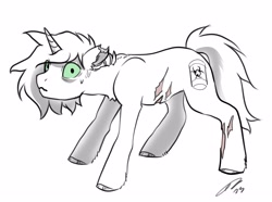 Size: 4096x3051 | Tagged: safe, artist:opalacorn, oc, oc only, oc:acid trip, pony, unicorn, black and white, colored sclera, grayscale, green sclera, looking at you, monochrome, partial color, scar, simple background, solo, torn ear, white background