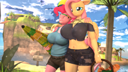 Size: 3840x2160 | Tagged: safe, artist:silkworm205, part of a set, fluttershy, pinkie pie, earth pony, pegasus, anthro, g4, 3d, 4k, :d, basket, beach, beach umbrella, blushing, bread, breasts, busty fluttershy, busty pinkie pie, carrying, clothes, colored eyebrows, colored wings, colored wingtips, duo, duo female, explicit source, eyes closed, female, floppy ears, fluttershy day, folded wings, food, grin, hand on shoulder, hat, high res, island, lesbian, open mouth, open smile, palm tree, picnic basket, revamped anthros, revamped ponies, ship:flutterpie, shipping, shirt, shorts, smiling, source filmmaker, tallershy, tree, umbrella hat, wide hips, wings