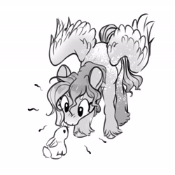 Size: 2700x2700 | Tagged: safe, artist:opalacorn, oc, oc only, pegasus, pony, rabbit, animal, black and white, grayscale, high res, looking at something, monochrome, partially open wings, simple background, solo, unshorn fetlocks, white background, wings