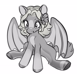 Size: 2541x2473 | Tagged: safe, artist:opalacorn, oc, oc only, bat pony, pony, bat pony oc, black and white, blaze (coat marking), coat markings, facial markings, female, flower, flower in hair, grayscale, high res, mare, monochrome, simple background, sitting, smiling, solo, white background