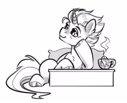 Size: 2907x2363 | Tagged: safe, artist:opalacorn, oc, oc only, pony, unicorn, black and white, cup, food, grayscale, high res, hoof on chin, lying down, monochrome, pillow, simple background, smiling, solo, tea, teacup, white background