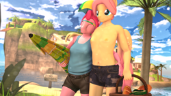 Size: 3840x2160 | Tagged: safe, artist:silkworm205, part of a set, fluttershy, pinkie pie, earth pony, pegasus, anthro, g4, 3d, 4k, basket, beach, beach umbrella, blushing, bread, bubble berry, butterscotch, carrying, casual nudity, clothes, colored eyebrows, colored wings, colored wingtips, duo, duo male, explicit source, eyes closed, floppy ears, fluttershy day, folded wings, food, gay, hand on hip, hand on shoulder, hat, high res, island, male, male nipples, nipples, nudity, palm tree, partial nudity, picnic basket, r63 shipping, revamped anthros, rule 63, ship:berryscotch, ship:flutterpie, shipping, shirt, shorts, source filmmaker, topless, tree, umbrella hat, wings