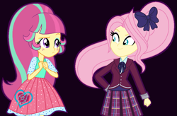 Size: 895x587 | Tagged: safe, artist:sarahalen, fluttershy, sour sweet, human, equestria girls, g4, alternate hairstyle, alternate universe, black background, clothes, crystal prep academy uniform, duo, eyeshadow, female, makeup, ponytail, rivals, role reversal, school uniform, simple background
