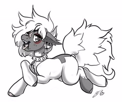 Size: 4096x3424 | Tagged: safe, artist:opalacorn, oc, oc only, pony, unicorn, black and white, chest fluff, choker, crossed hooves, ear piercing, earring, grayscale, jewelry, lying down, male, monochrome, open mouth, open smile, partial color, piercing, prone, simple background, smiling, solo, sploot, stallion, studded choker, tongue out, tongue piercing, white background