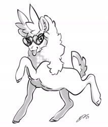 Size: 1748x2048 | Tagged: safe, artist:opalacorn, oc, oc only, deer, reindeer, them's fightin' herds, black and white, cloven hooves, community related, deer oc, ear fluff, glasses, grayscale, heart shaped glasses, looking at you, monochrome, non-pony oc, simple background, solo, standing on two hooves, tfh oc, them's fightin' herds oc, tongue out, white background