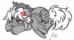 Size: 3358x1855 | Tagged: safe, artist:opalacorn, oc, oc only, pegasus, pony, annoyed, bandaid, bandaid on nose, black and white, cross-popping veins, emanata, grayscale, lying down, monochrome, prone, simple background, solo, spread wings, white background, wings