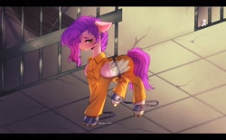 Size: 2048x1269 | Tagged: safe, artist:tyutya, pipp petals, mouse, pegasus, pony, g5, bad end, bound wings, chained, chains, clothes, commission, cuffed, cuffs, jail, never doubt rainbowdash69's involvement, prison, prison outfit, prisoner pipp, sad, shackles, solo, wings