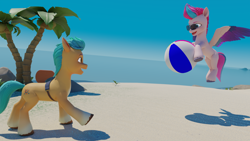 Size: 3840x2160 | Tagged: safe, artist:raindashesp, hitch trailblazer, zipp storm, earth pony, pegasus, pony, g5, beach, beach ball, duo, female, glasses, high res, male, mare, ship:stormblazer, shipping, stallion, straight