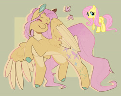 Size: 2048x1630 | Tagged: safe, artist:0xeyee, fluttershy, butterfly, pegasus, pony, g4, abstract background, alternate cutie mark, alternate design, blushing, colored hooves, colored pinnae, colored wings, eye clipping through hair, eyebrows, eyes closed, female, happy, insect on someone, mare, one wing out, pale belly, raised hoof, redesign, simple background, smiling, solo, spread wings, turned head, two toned wings, wings