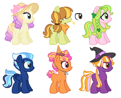 Size: 666x537 | Tagged: safe, artist:anutya, oc, oc only, earth pony, pegasus, pony, unicorn, bandana, base used, female, food, hat, ice cream, ice cream cone, ice cream horn, magical lesbian spawn, male, mare, offspring, parent:applejack, parent:caramel, parent:cheese sandwich, parent:flash sentry, parent:fluttershy, parent:pinkie pie, parent:prince blueblood, parent:rainbow dash, parent:rarity, parent:soarin', parent:tree hugger, parent:twilight sparkle, parents:carajack, parents:cheesepie, parents:flashlight, parents:flutterhugger, parents:rariblood, parents:soarindash, simple background, sprinkles, stallion, straw in mouth, white background, witch hat