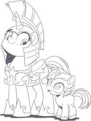 Size: 901x1195 | Tagged: safe, artist:nauyaco, shining armor, twilight velvet, pony, unicorn, g4, colt, colt shining armor, cute, duo, female, foal, guardsmare, male, mare, monochrome, mother and child, mother and son, quadrupedal, royal guard, shining adorable, simple background, starry eyes, velvetbetes, white background, wingding eyes, younger
