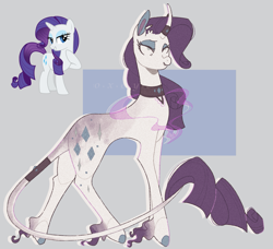 Size: 1773x1620 | Tagged: safe, artist:0xeyee, rarity, pony, unicorn, g4, collar, curved horn, fetlock tuft, horn, horn band, leonine tail, redesign, simple background, solo, tail, tail band